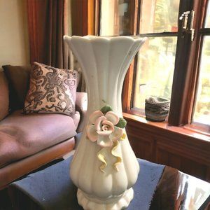 Vintage White Vase Applied  Rose And Ribbon Ruffled Foot Scalloped Rim 8" Decor
